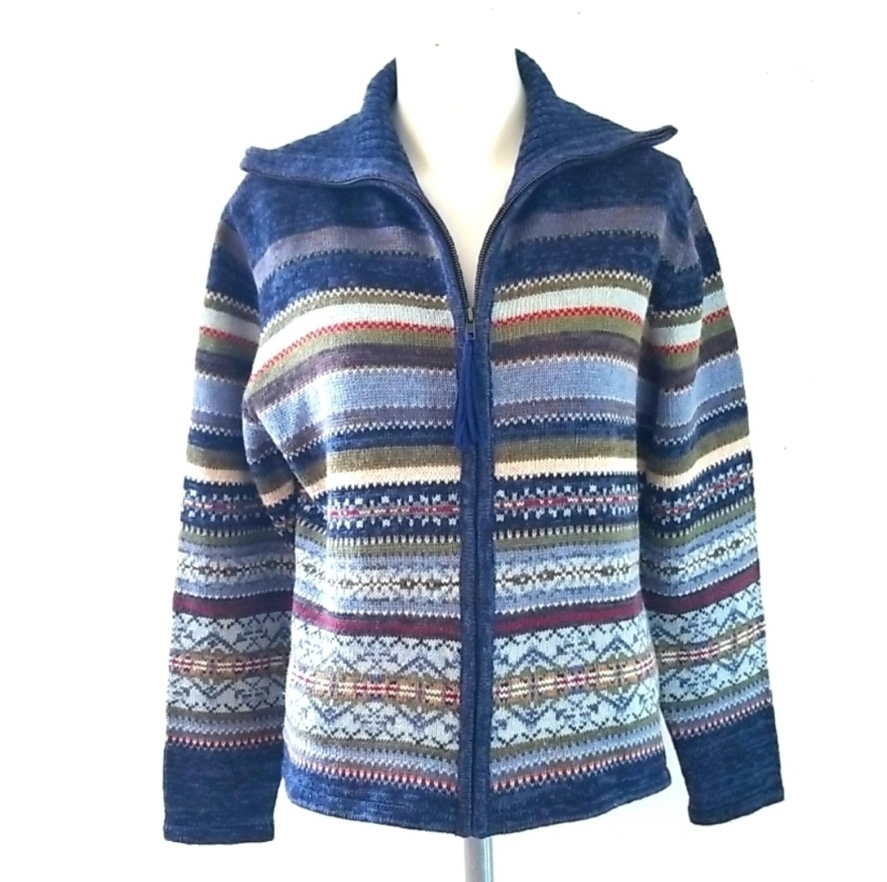Tiara International Women's Sweater Blue Nordic Fair Isle Full Zip Cardigan